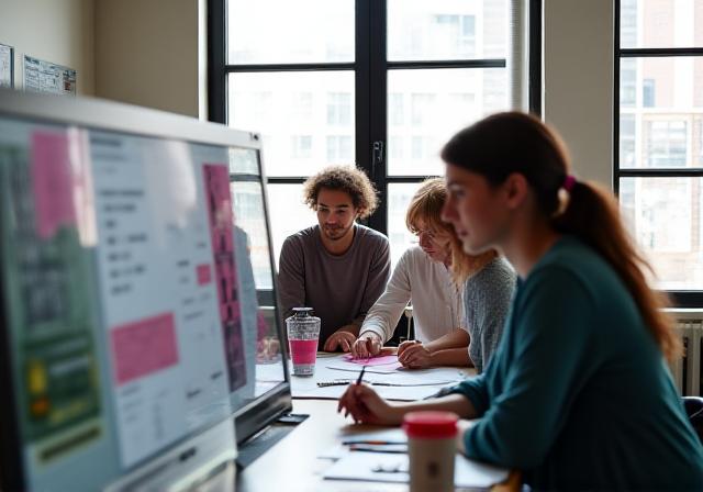 Creative digital designers collaborating intensely