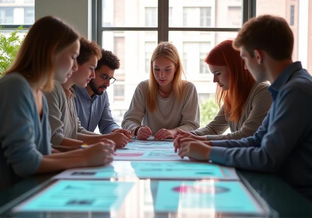 Team of developers planning a web project around a glass table